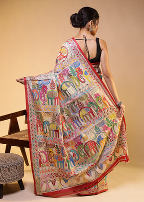 Cream Handloom Kantha Stitch Pure Silk Saree With Blouse Piece