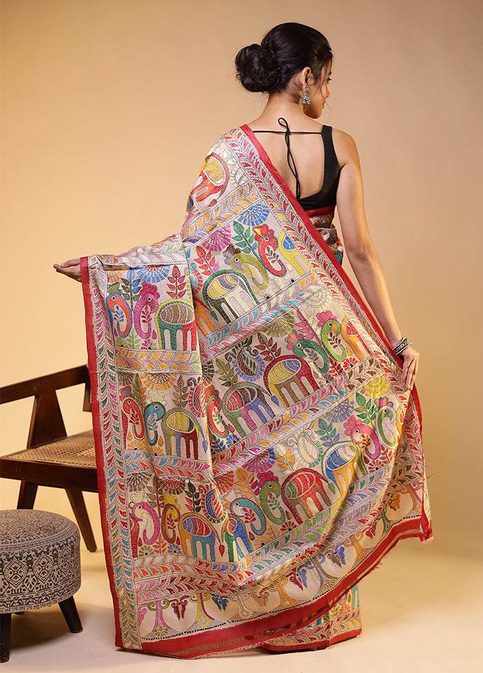 Cream Handloom Kantha Stitch Pure Silk Saree With Blouse Piece