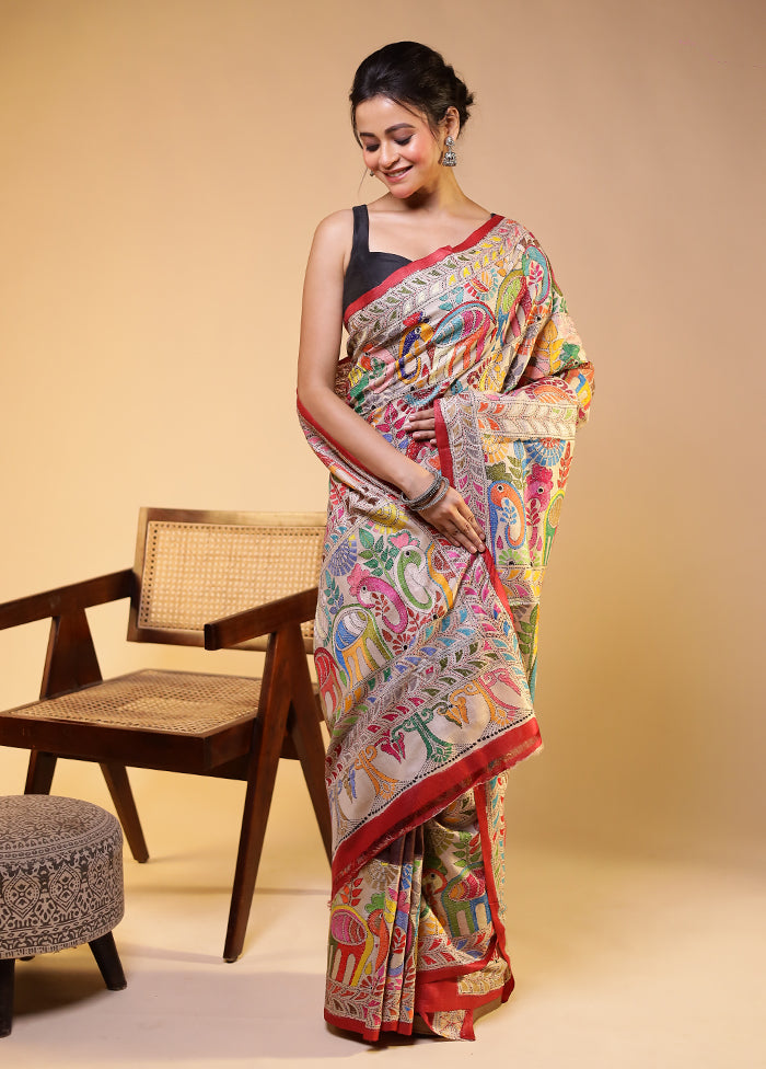 Cream Handloom Kantha Stitch Pure Silk Saree With Blouse Piece