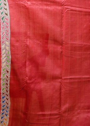 Cream Handloom Kantha Stitch Pure Silk Saree With Blouse Piece