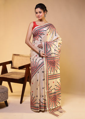 Cream Handloom Kantha Stitch Pure Silk Saree With Blouse Piece