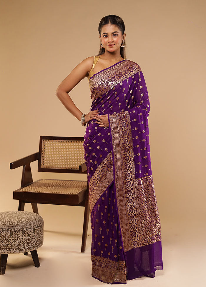 Purple Handloom Pure Georgette Saree With Blouse Piece