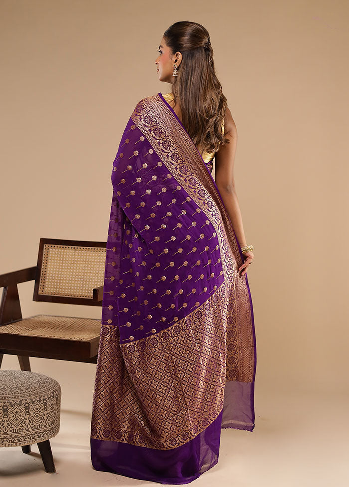 Purple Handloom Pure Georgette Saree With Blouse Piece