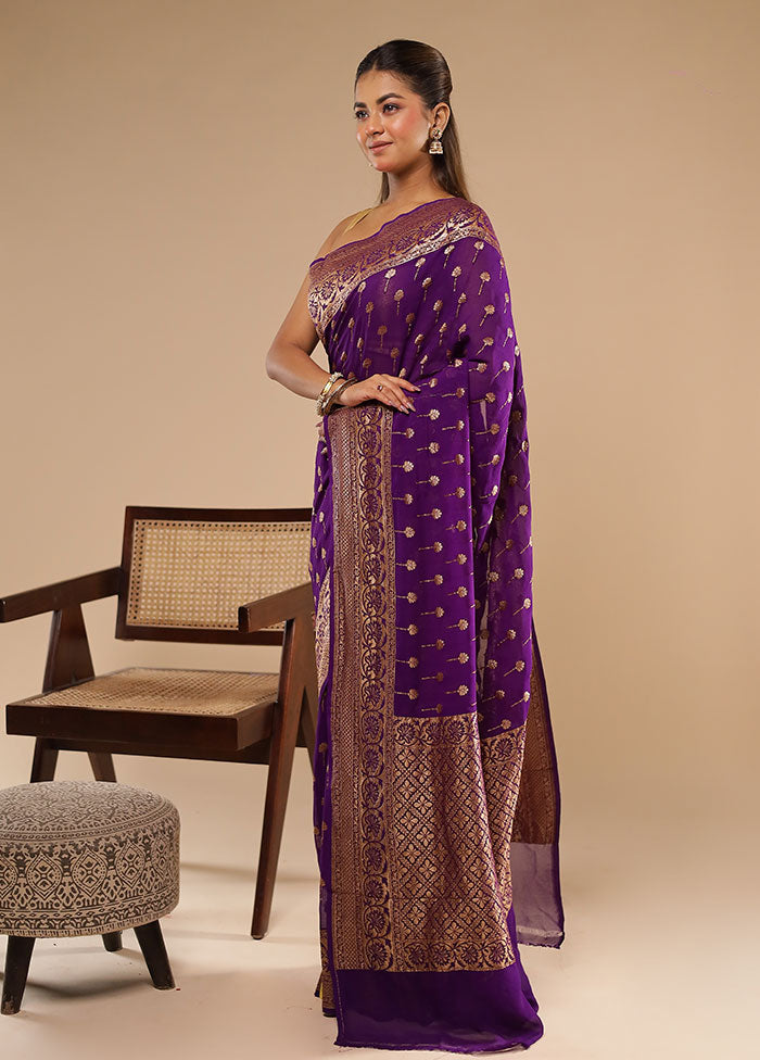 Purple Handloom Pure Georgette Saree With Blouse Piece