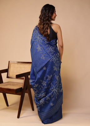 Blue Handloom Tussar Pure Silk Saree With Blouse Piece