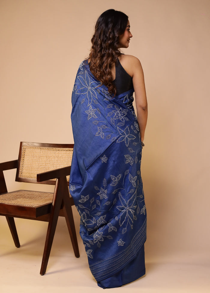 Blue Handloom Tussar Pure Silk Saree With Blouse Piece