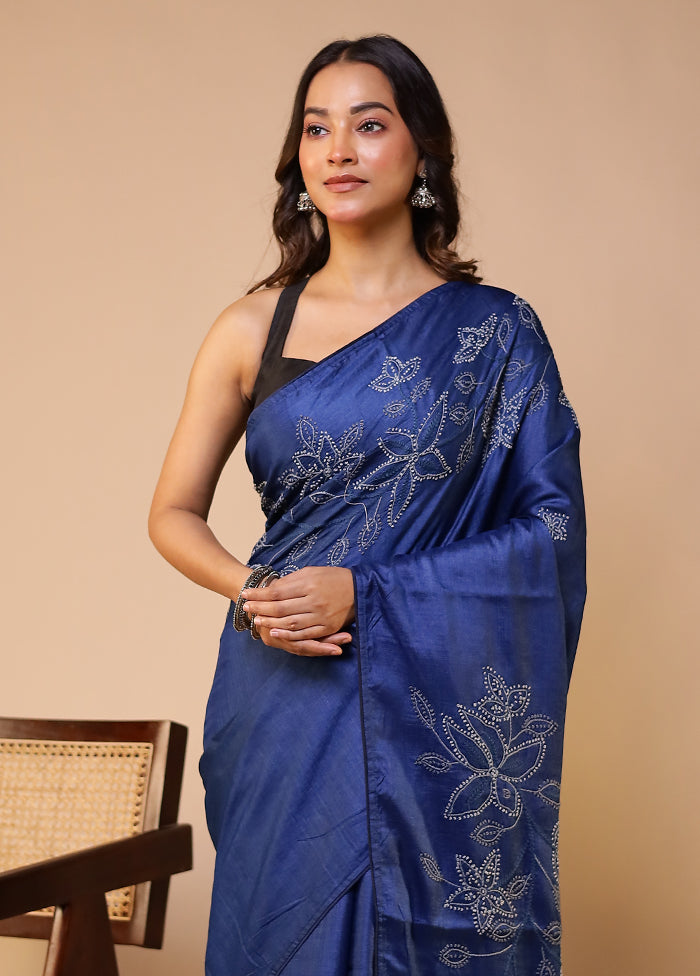 Blue Handloom Tussar Pure Silk Saree With Blouse Piece