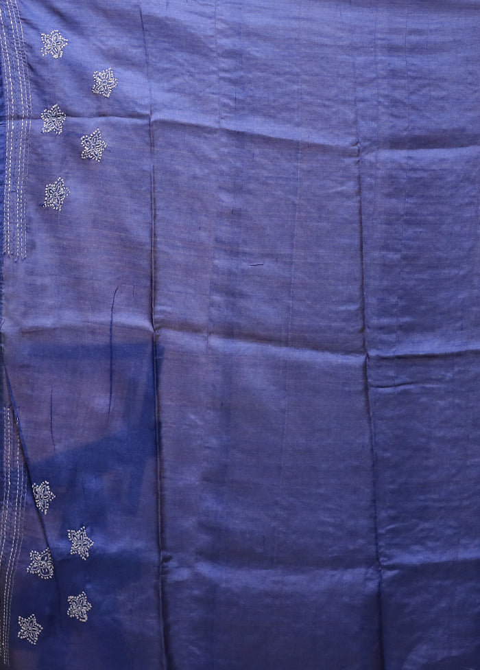 Blue Handloom Tussar Pure Silk Saree With Blouse Piece