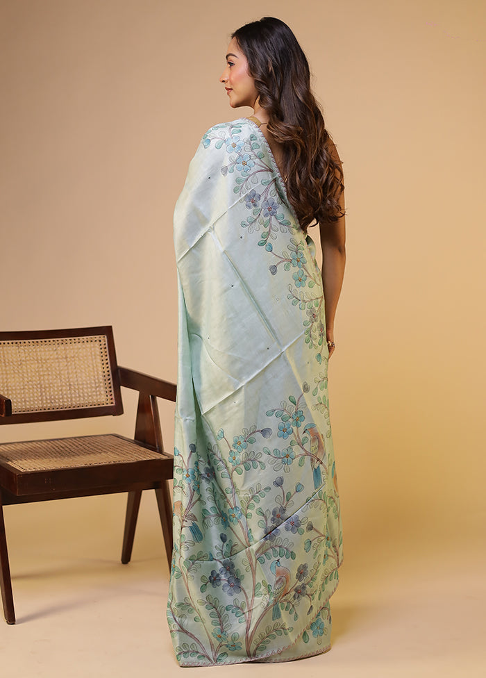 Green Handloom Tussar Pure Silk Saree With Blouse Piece