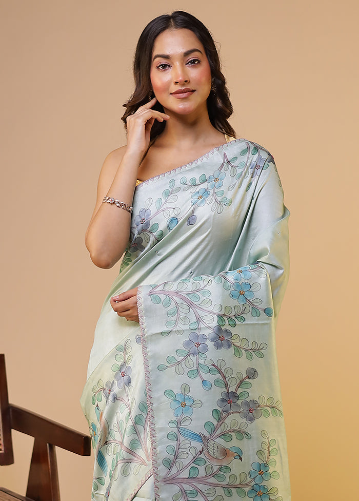Green Handloom Tussar Pure Silk Saree With Blouse Piece