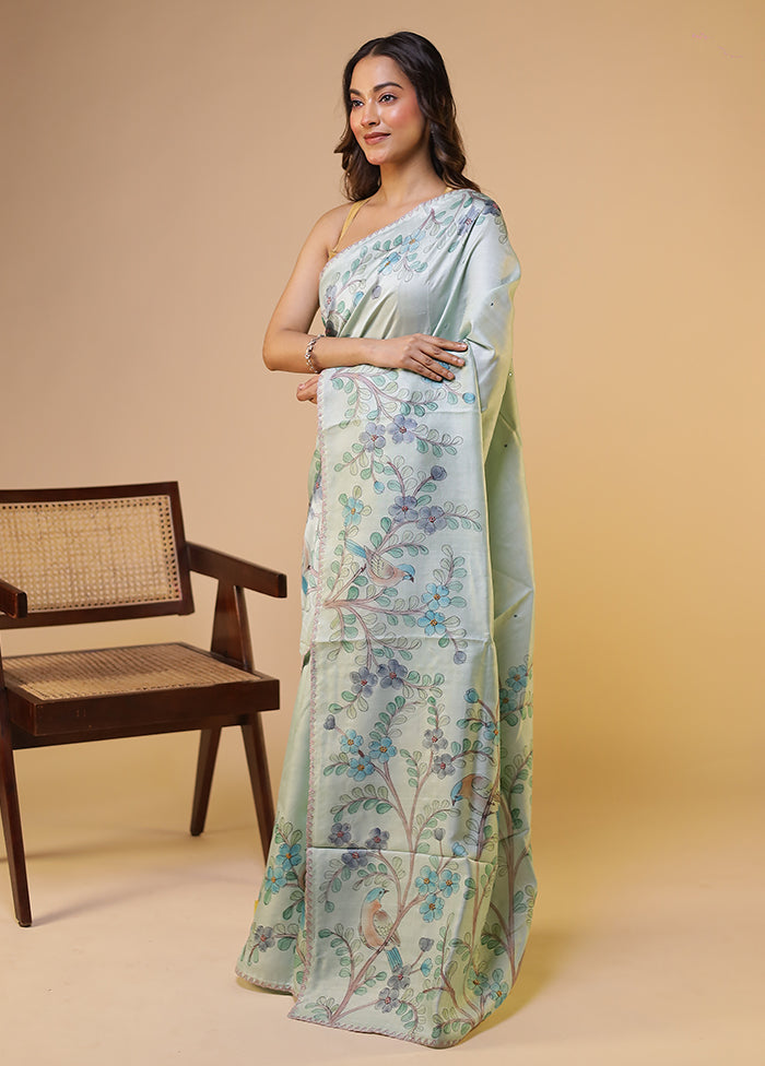 Green Handloom Tussar Pure Silk Saree With Blouse Piece