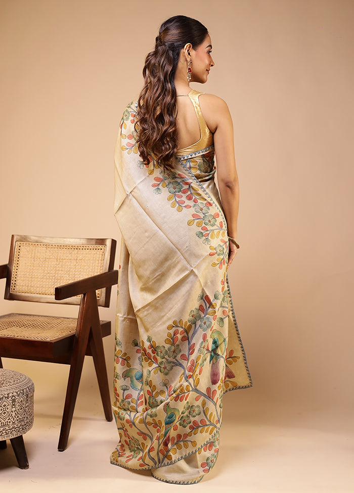 Cream Handloom Tussar Pure Silk Saree With Blouse Piece