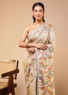 Cream Handloom Tussar Pure Silk Saree With Blouse Piece
