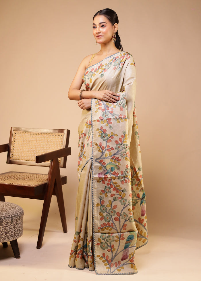 Cream Handloom Tussar Pure Silk Saree With Blouse Piece