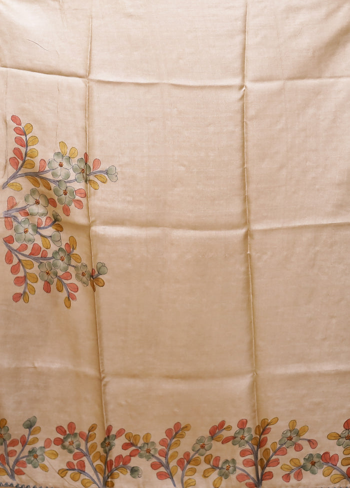 Cream Handloom Tussar Pure Silk Saree With Blouse Piece