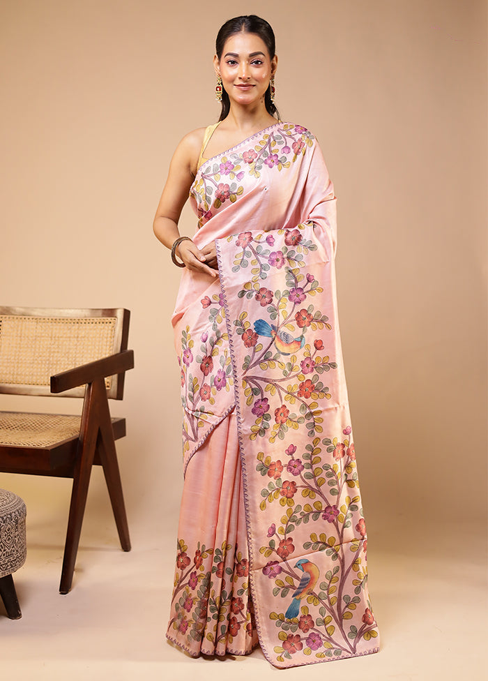 Pink Handloom Tussar Pure Silk Saree With Blouse Piece