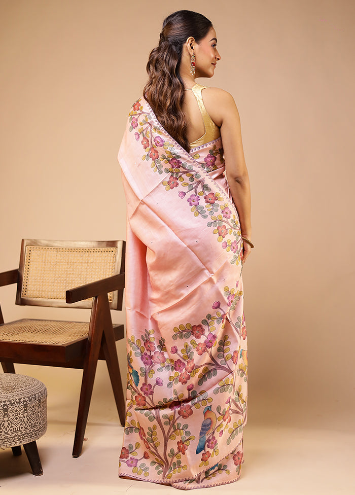 Pink Handloom Tussar Pure Silk Saree With Blouse Piece