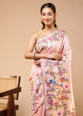 Pink Handloom Tussar Pure Silk Saree With Blouse Piece
