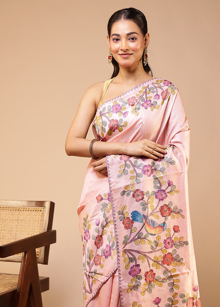 Pink Handloom Tussar Pure Silk Saree With Blouse Piece