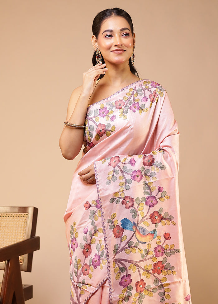 Pink Handloom Tussar Pure Silk Saree With Blouse Piece