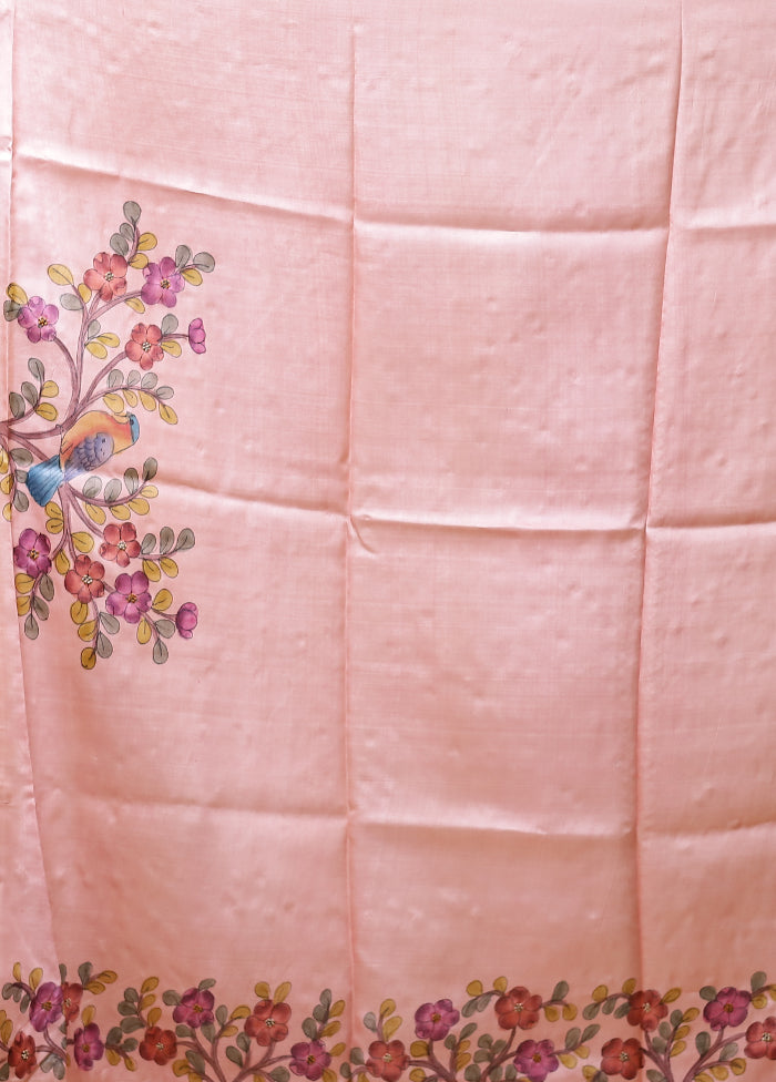 Pink Handloom Tussar Pure Silk Saree With Blouse Piece
