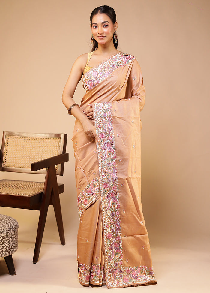 Pink Handloom Tussar Pure Silk Saree With Blouse Piece