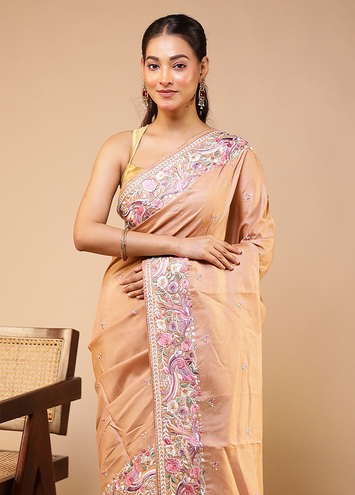 Pink Handloom Tussar Pure Silk Saree With Blouse Piece
