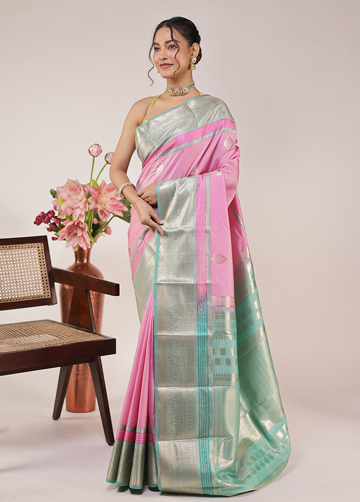 Pink Kanjivaram Silk Saree With Blouse Piece