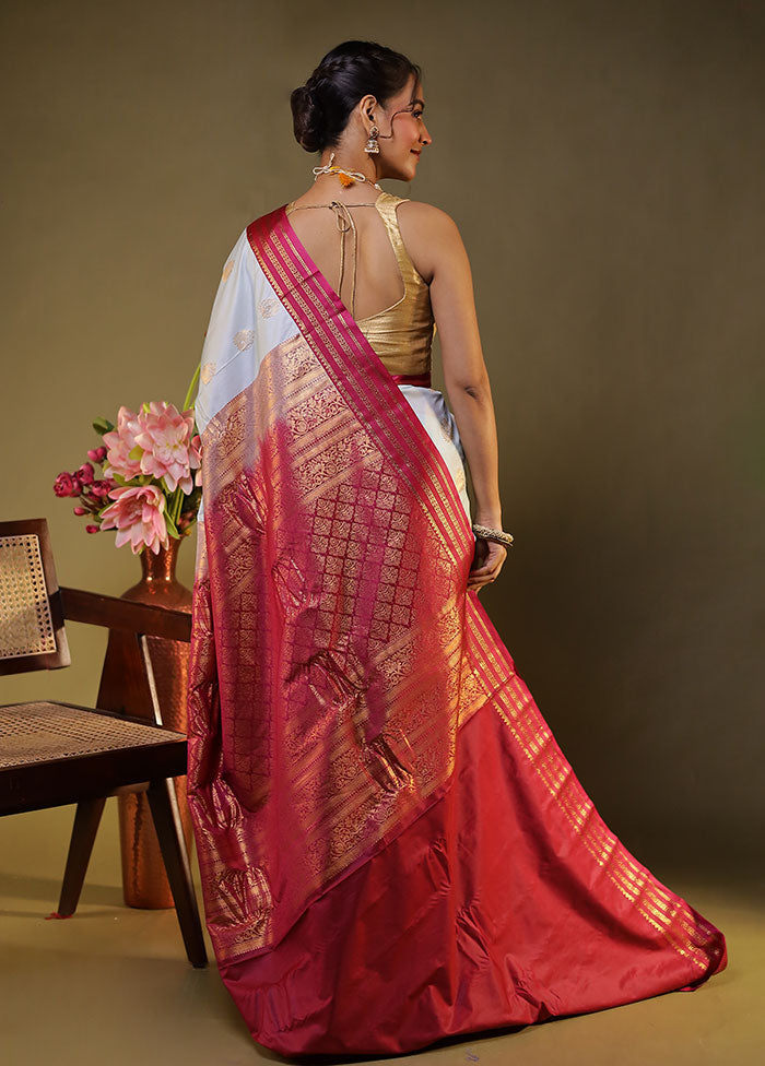 White Gadwal Silk Saree Without Blouse Piece