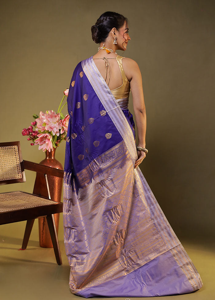 Blue Gadwal Silk Saree Without Blouse Piece