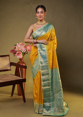 Yellow Gadwal Silk Saree Without Blouse Piece