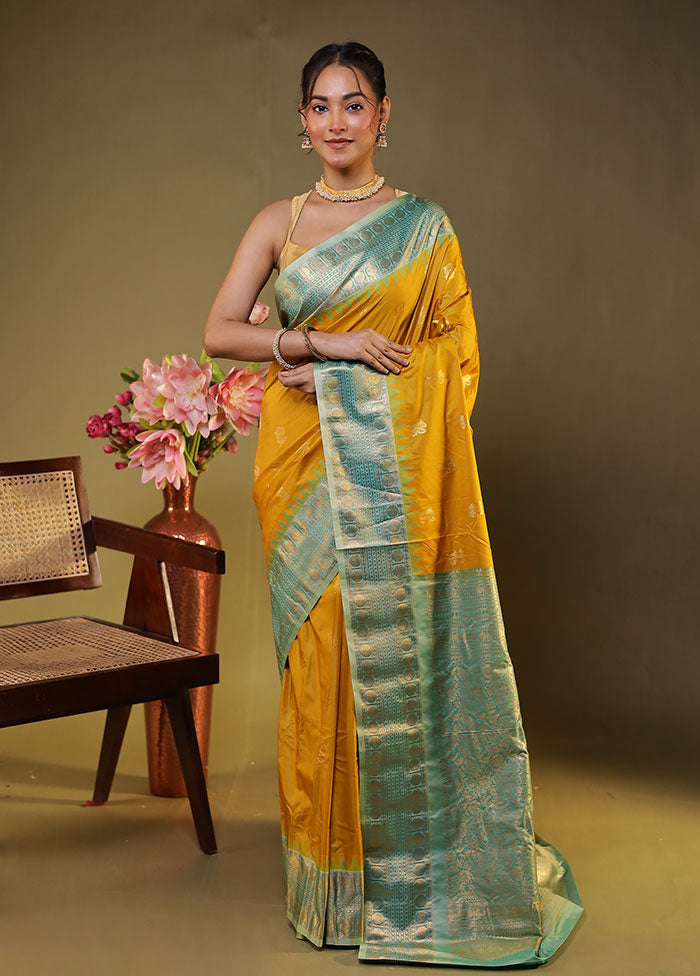 Yellow Gadwal Silk Saree Without Blouse Piece