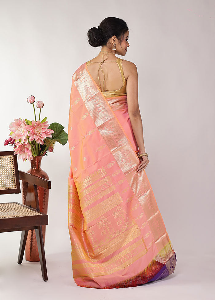 Peach Kanjivaram Silk Saree With Blouse Piece