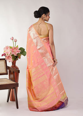 Peach Kanjivaram Silk Saree With Blouse Piece