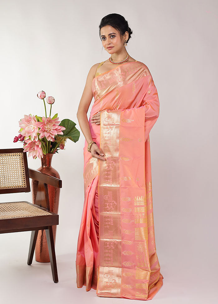 Peach Kanjivaram Silk Saree With Blouse Piece