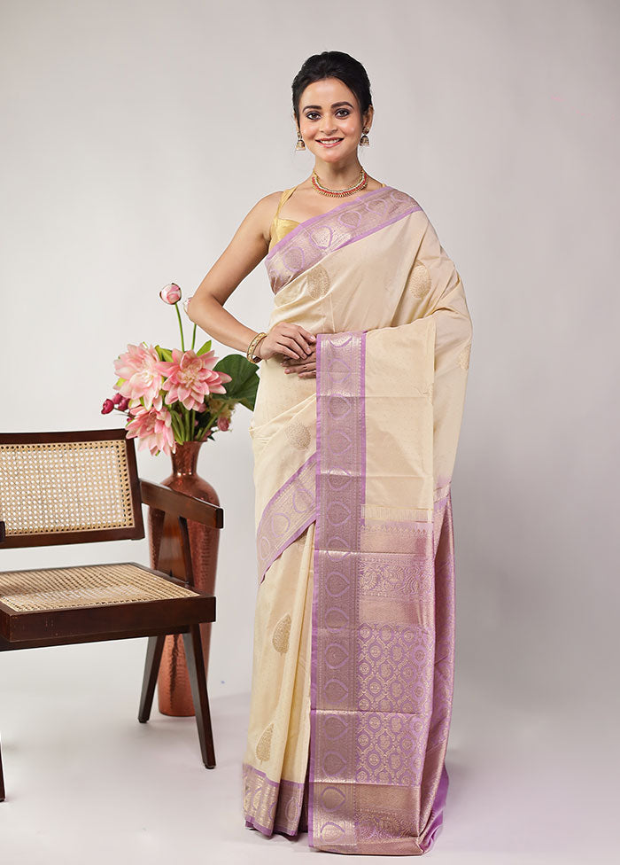 Cream Kanjivaram Silk Saree With Blouse Piece