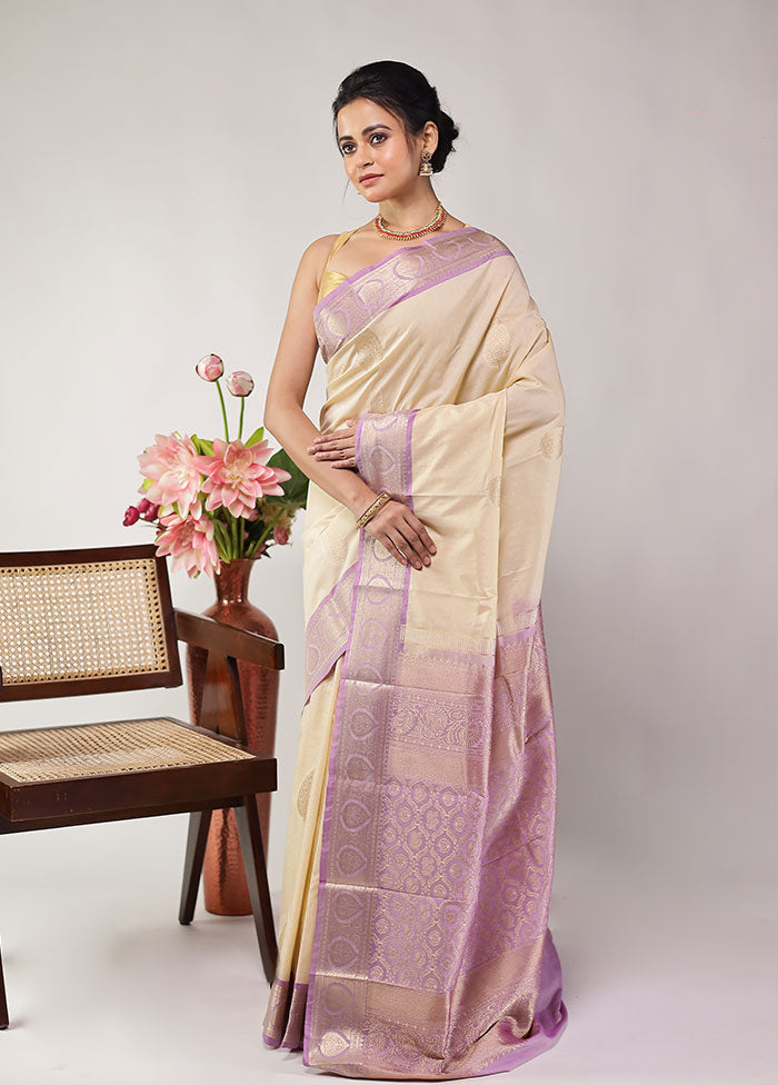 Cream Kanjivaram Silk Saree With Blouse Piece