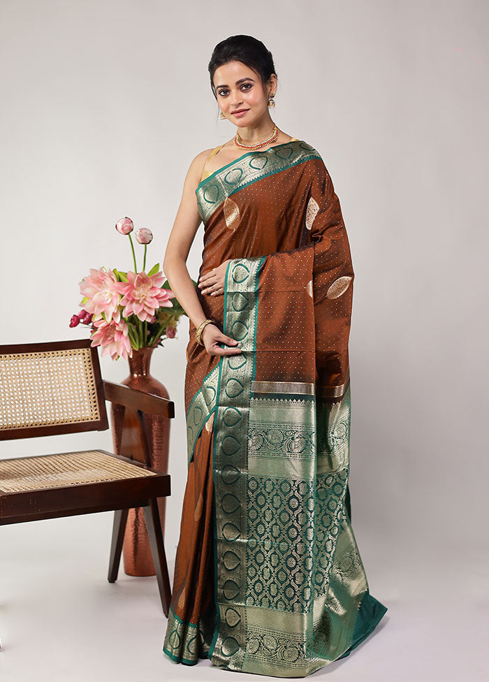 Brown Kanjivaram Silk Saree With Blouse Piece