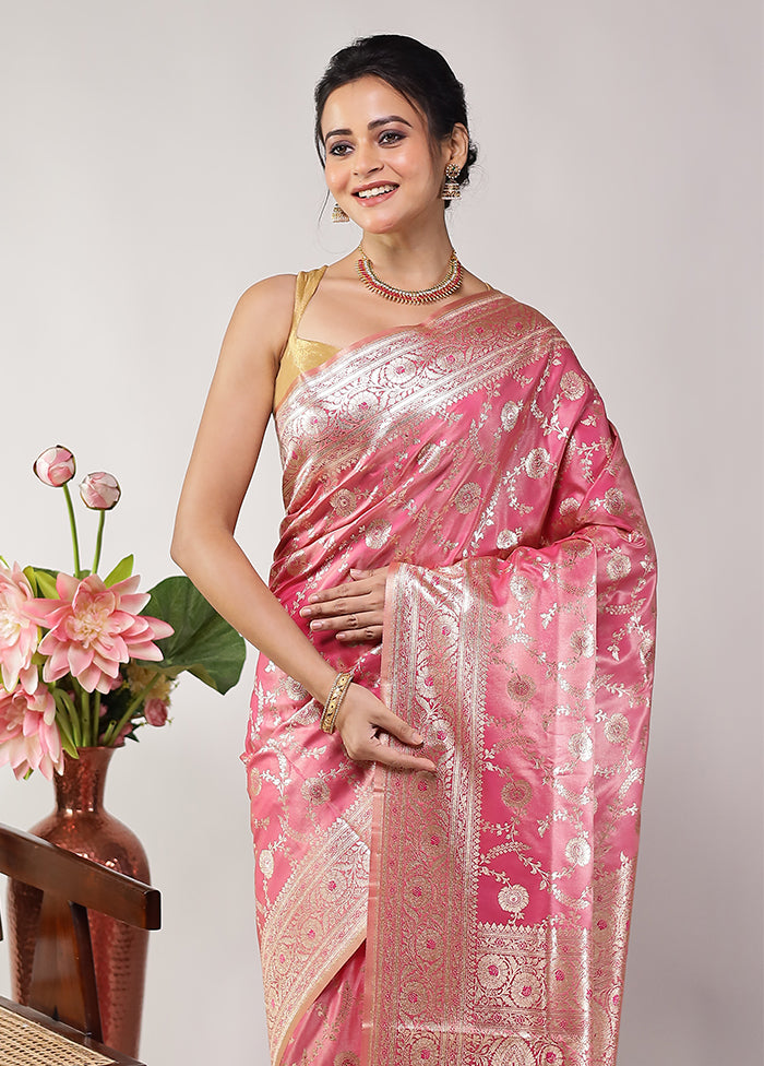 Pink Banarasi Silk Saree With Blouse Piece