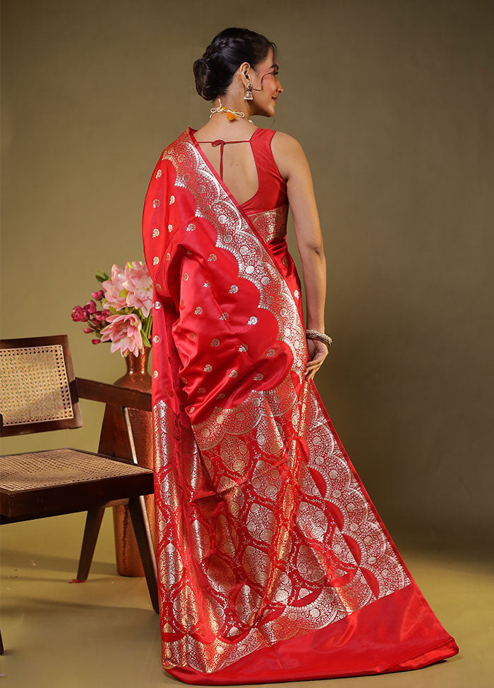 Red Banarasi Silk Saree With Blouse Piece