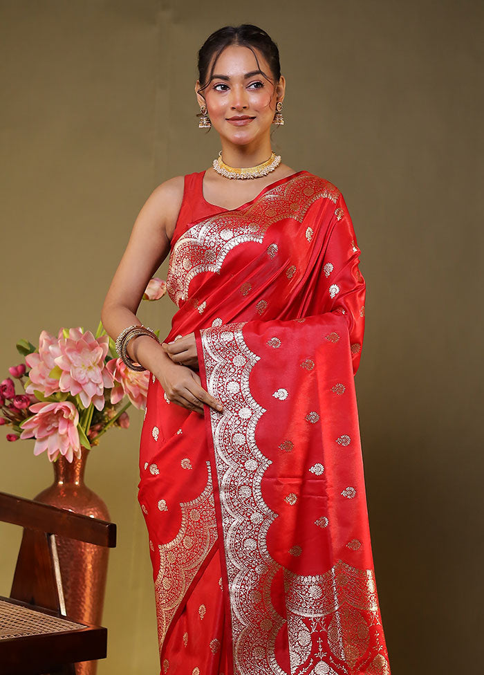 Red Banarasi Silk Saree With Blouse Piece