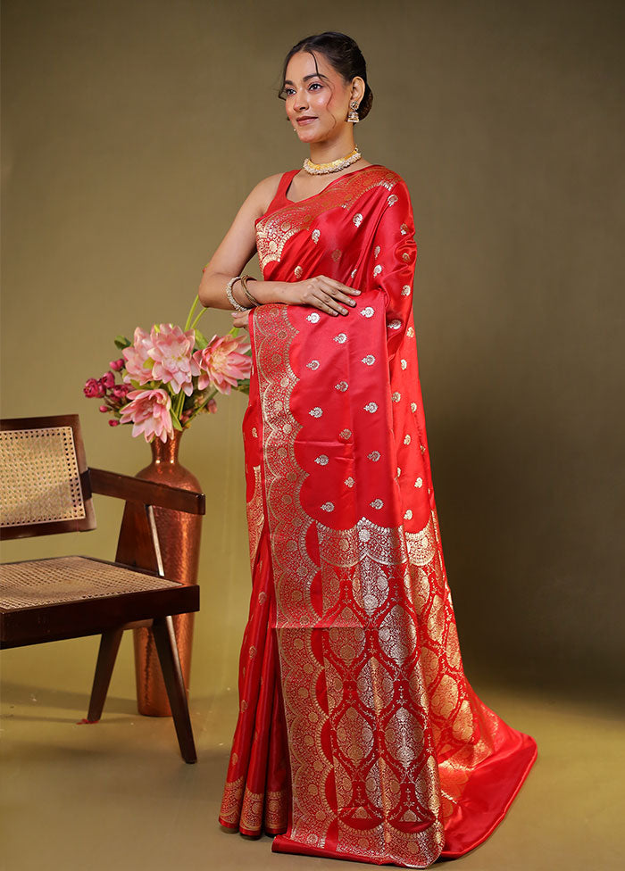 Red Banarasi Silk Saree With Blouse Piece
