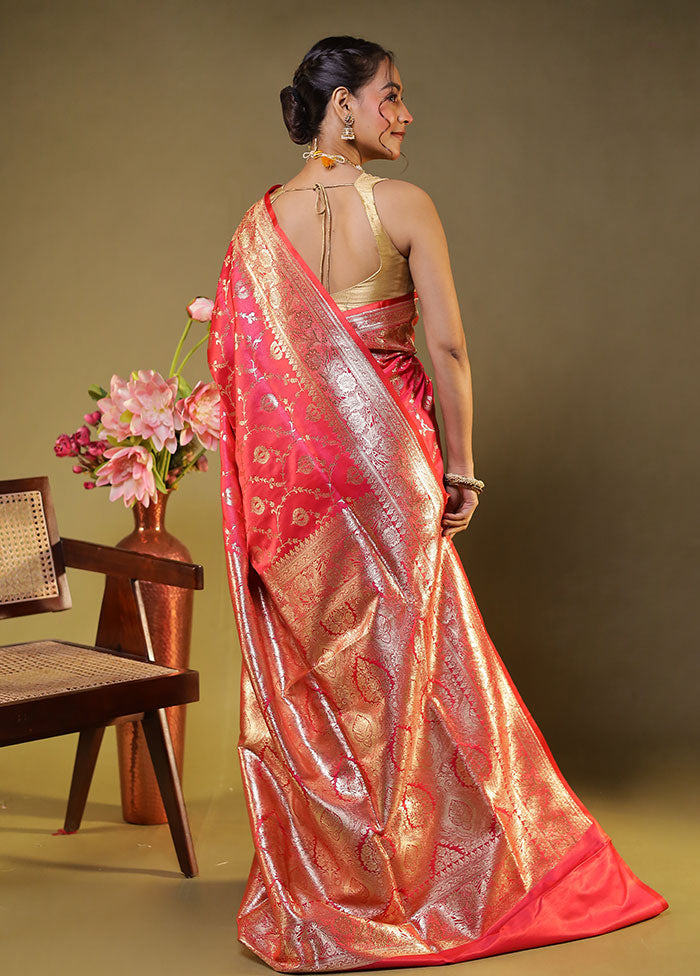 Pink Banarasi Silk Saree With Blouse Piece