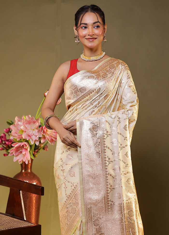 Cream Banarasi Silk Saree With Blouse Piece