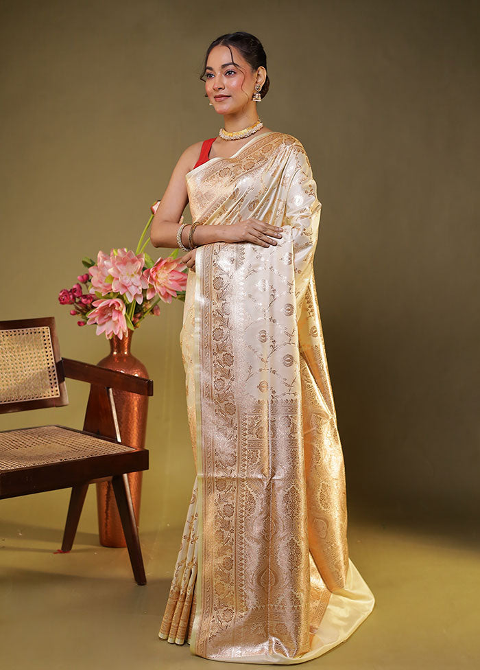 Cream Banarasi Silk Saree With Blouse Piece