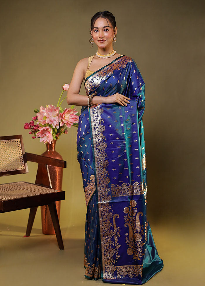 Blue Banarasi Silk Saree With Blouse Piece