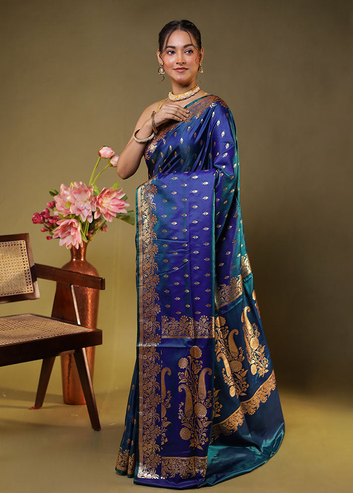 Blue Banarasi Silk Saree With Blouse Piece