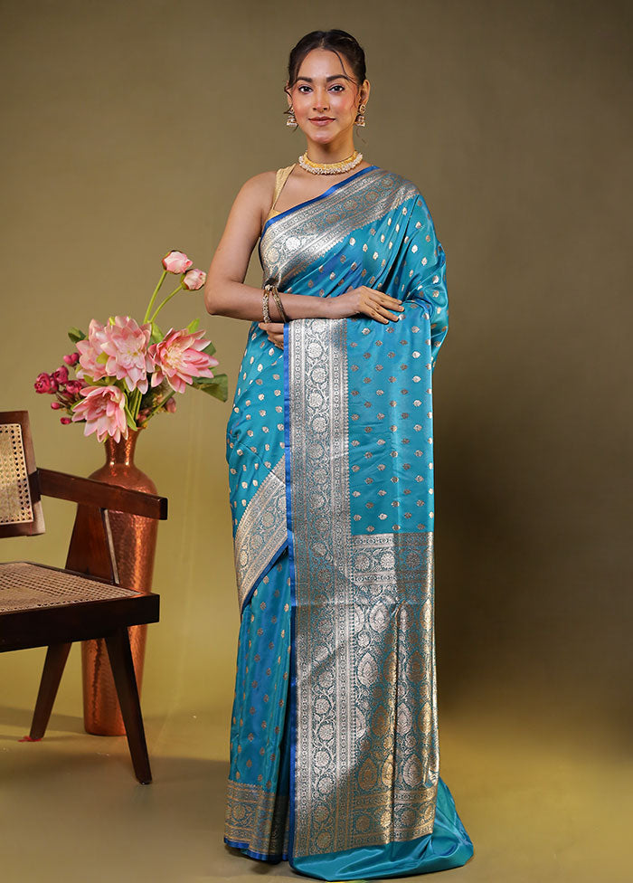 Blue Banarasi Silk Saree With Blouse Piece