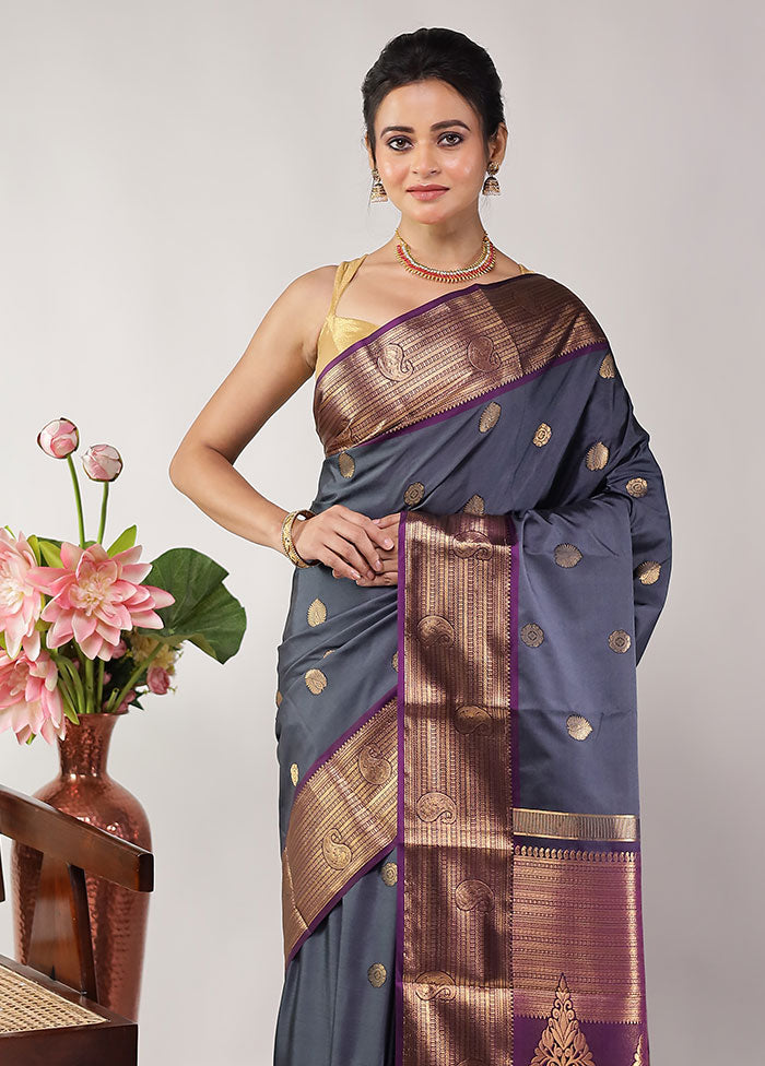 Grey Kanjivaram Silk Saree With Blouse Piece