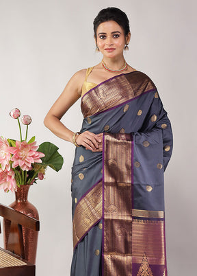 Grey Kanjivaram Silk Saree With Blouse Piece